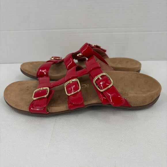 Vionic Misa Slide Sandals Size 9 Red with Gold Tone Buckles Orthotic Comfort - Picture 3 of 8